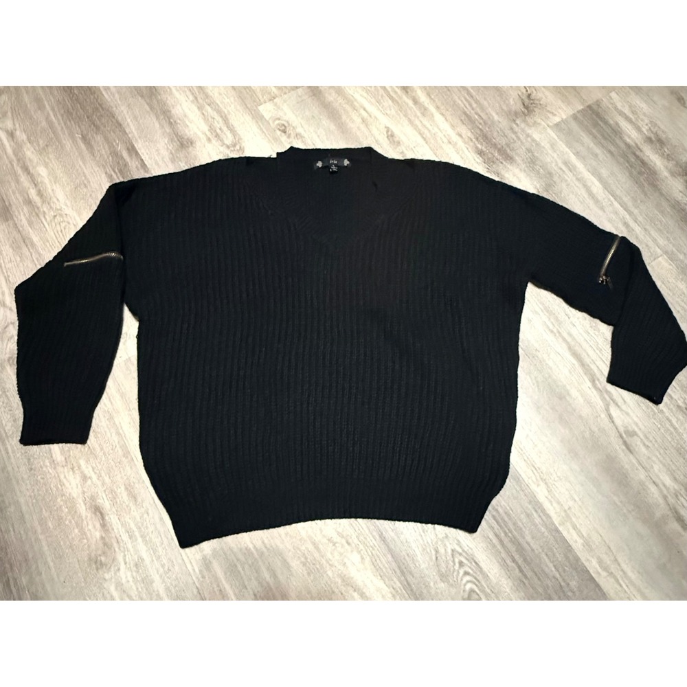 IRIS Women's Black Ribbed Knit Sweater Gold Side Zip Detail Long Sleeveβ Large